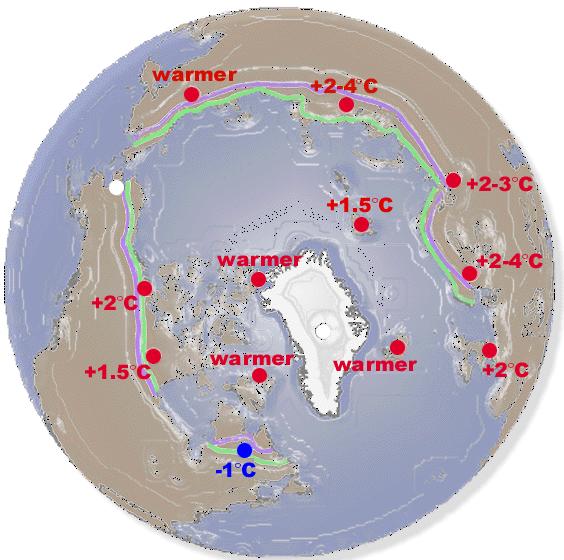 5.4 Trädgränsen i arktis förr och nu På de flesta områden runt Arktis var trädgränsen längre norrut under stenåldern 5.