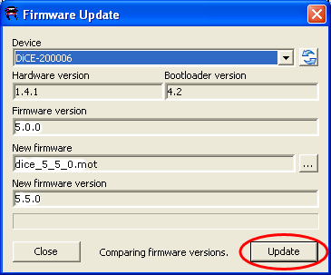 4. Klicka på Konfigurera DiCE. Fönstret Konfigurera DiCE öppnas Öppna fönstret för att uppdatera firmware genom att klicka på UPPDATERA DICE. Fig.