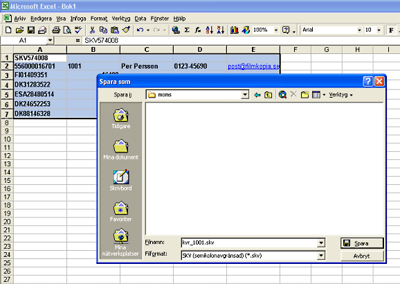 När man har skrivit in alla uppgifter kan det vara lämpligt att först spara uppgifterna som en vanlig Excel-fil.