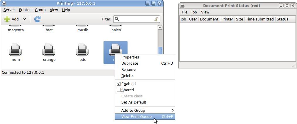 Ubuntu Du kan se utskriftskön om du går till System Administration Printing, och där väljer View Print Queue genom att högerklicka på en skrivare. 3.