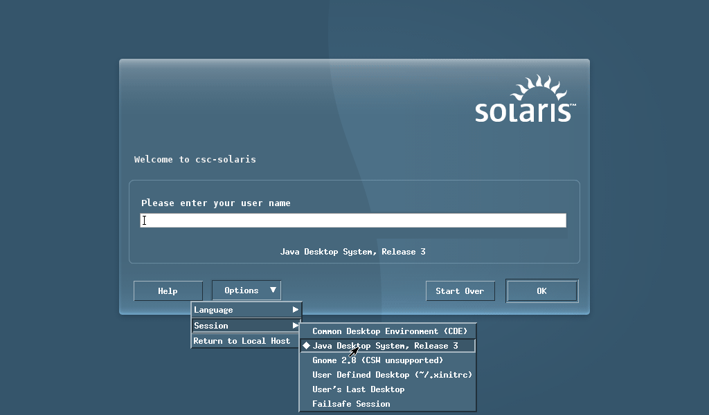 Solaris 5 Solaris 5.1 Inloggning Vid inloggningsrutan på Solaris-system kan du välja olika fönstermiljöer.