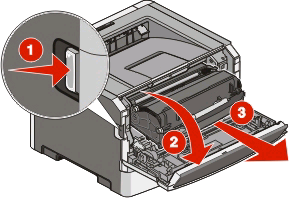 Fotoenhetssatsen är en enda artikel.. Byta ut fotoenhetssatsen: 1 Öppna den främre luckan genom att trycka på knappen på skrivarens vänstra sida och sänk luckan.