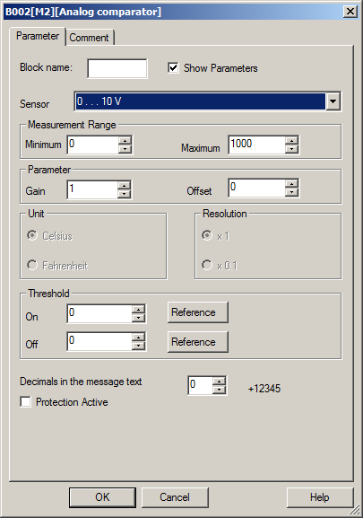 Jämförarblock Sensor är för typ av signal (spänning, ström eller PT100) Meas range är för att ange mätområde Block name är för att förklara vad blocket är till för Gain är förstärkning av mätområdet