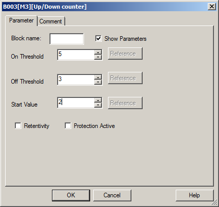 Räknarblock updown count On threshold räknarvärde när blocket släpper vidare på utgången från blocket Off thershold räknarvärde när blocket slutar släppa vidare på utgången från blocket Start value