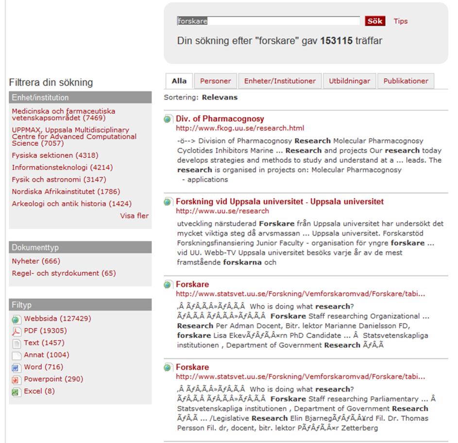 6.1.2.3 Forskare - Uppsala Universitets sökfunktion Här visar träffbilden ett blandat resultat av generella och specifika träffar.