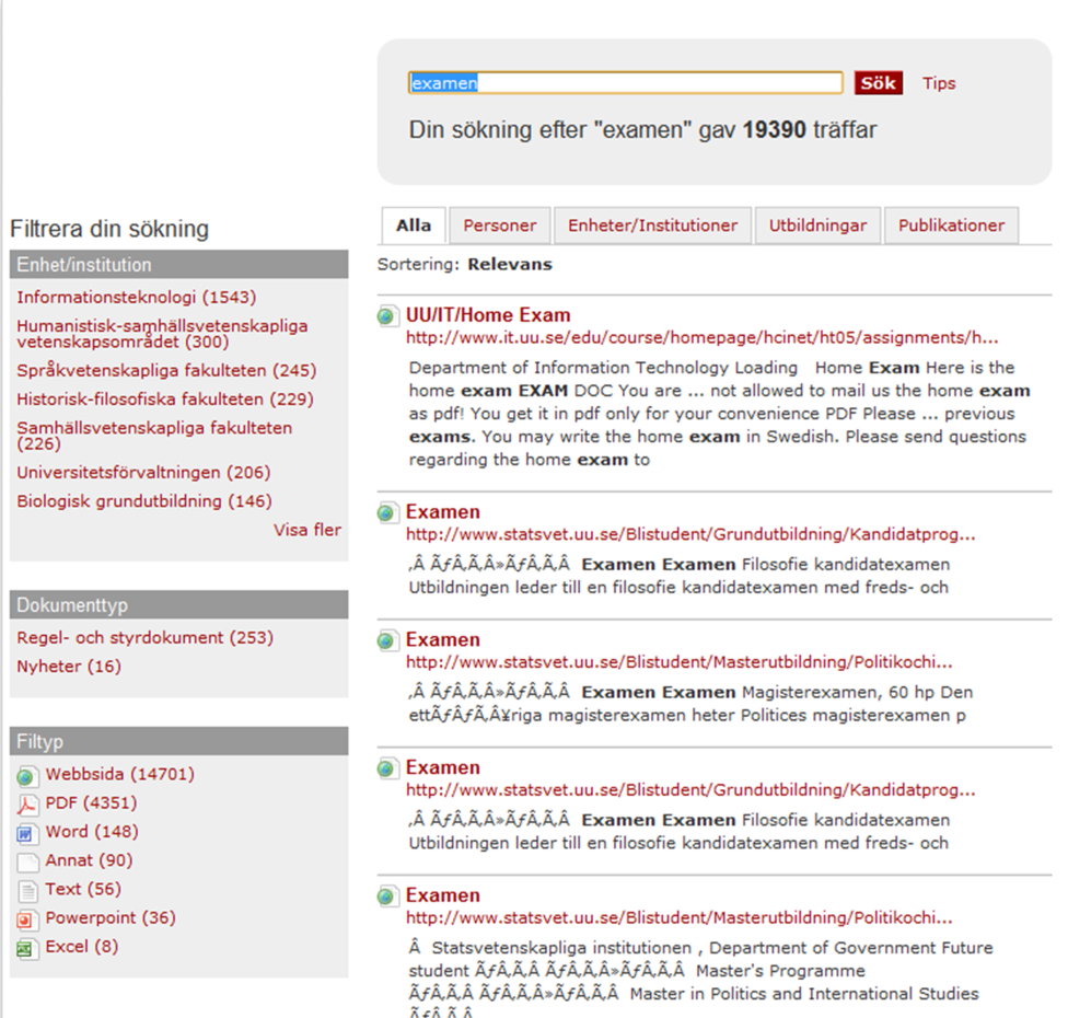 6.1.2.5 Examen - Uppsala Universitets sökfunktion Illustration 13: Träffresultat för ordet "examen".