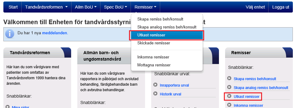 30 (32) 9 Hantering av utkast I funktionerna för skapande av remisser och fakturering är det möjligt att spara utkast.