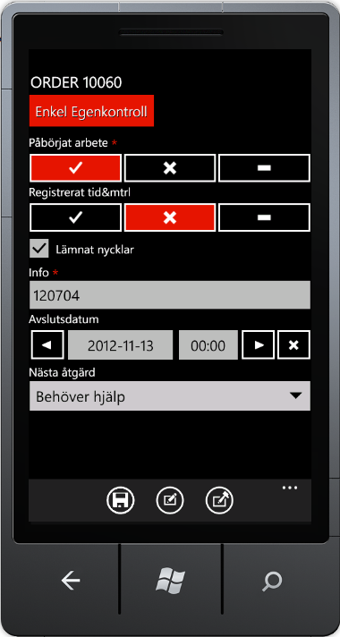 Nedan visas ett exempel på checklista. Tryck på för att spara när du är klar. Om en punkt i checklistan har en asterisk (*) efter sin rubrik betyder detta att punkten måste fyllas i.