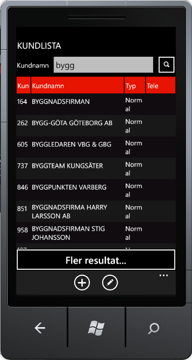Kunder Du kan söka och ändra bland företagets kunder samt skapa helt nya kunder på din telefon.