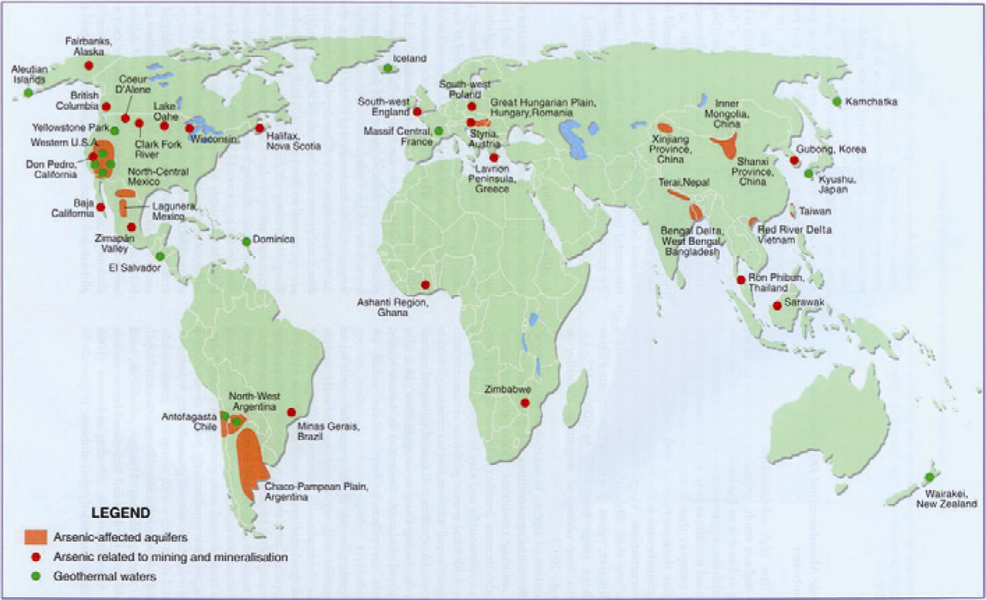 Figur 1. Tagen från Sohel (2010). Var i världen det finns mycket arsenik. mängder arsenik att de riskerar att drabbas av cancer.