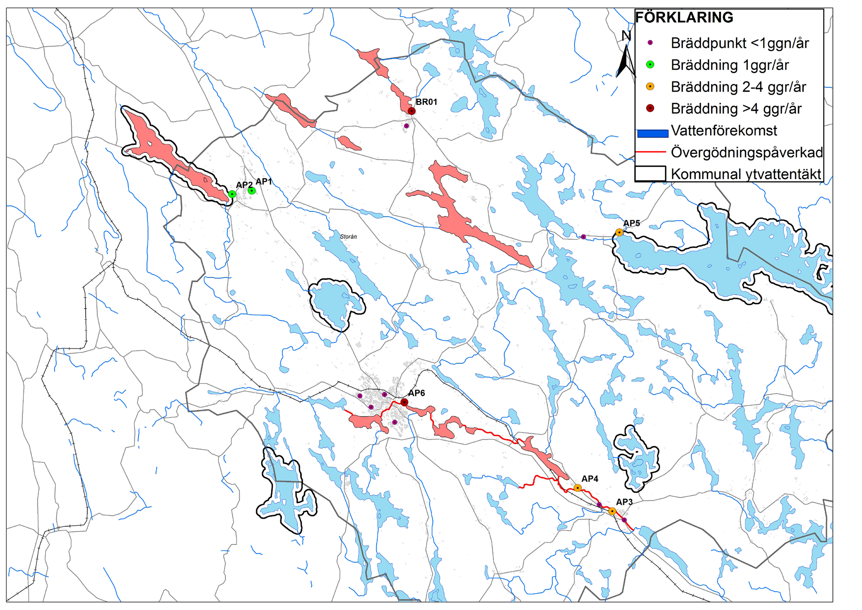 6.2.1 Steg 1 GIS-analys Genom en geografisk kartläggning av bräddpunkter kan man få en uppfattning om vilka bräddpunkter som kan belasta recipienter som är påverkade av övergödning eller som är