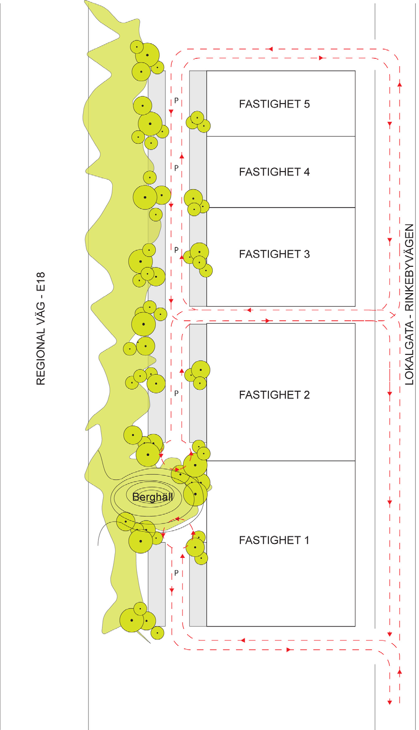 10 FASTIGHET 5 FASTIGHET 4 REGIONAL VÄG - E18 FASTIGHET 3 FASTIGHET 2 LOKALGATA - RINKEBYVÄGEN Berghäll FASTIGHET 1 GEMENSAM PARKERING -Principdiagram 3, kringående tillfart: Maximalt utnyttjande av