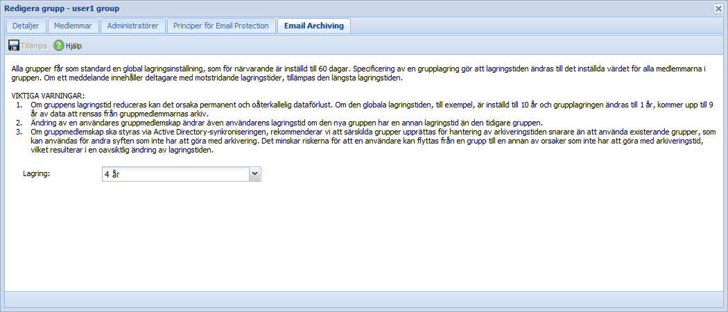 8 Inställning 8 av lagring för grupper Lagringsregler kan skapas för och tillämpas på specifika grupper av användare i Email Archiving.