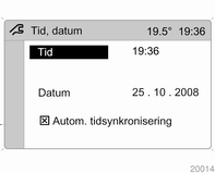 Instrument och reglage 83 Funktionsområden Systeminställningar Inställning av tid och datum För varje funktionsområde finns det en huvudsida.