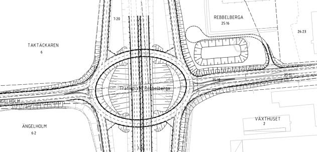 Figur 8. Utformning av trafikplatsen med nytt utjämningsmagasin och serviceväg i dess nordöstra del. Cirkulationsplatsen kommer att ligga högre än befintliga droppar.