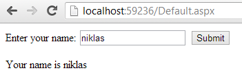 6 Kodexempel 1. Exempel på ASP.NET-sida på servern <script runat="server"> Sub submit(sender As Object, e As EventArgs) lbl1.text="your name is " & txt1.text End Sub </script> <!