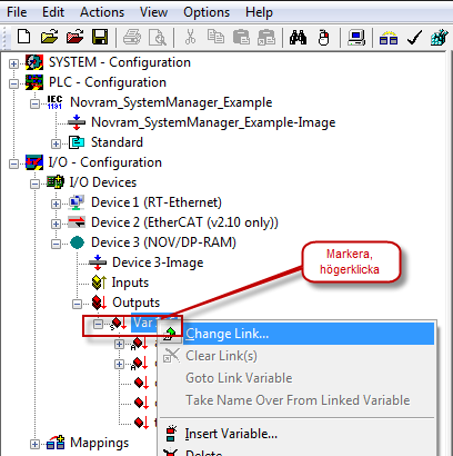 Expandera Novram-minne, markera Outputs, högerklicka och välj Insert Variables. Välj in Strukten som skapades, i exemplet heter den DataToFromNovram.