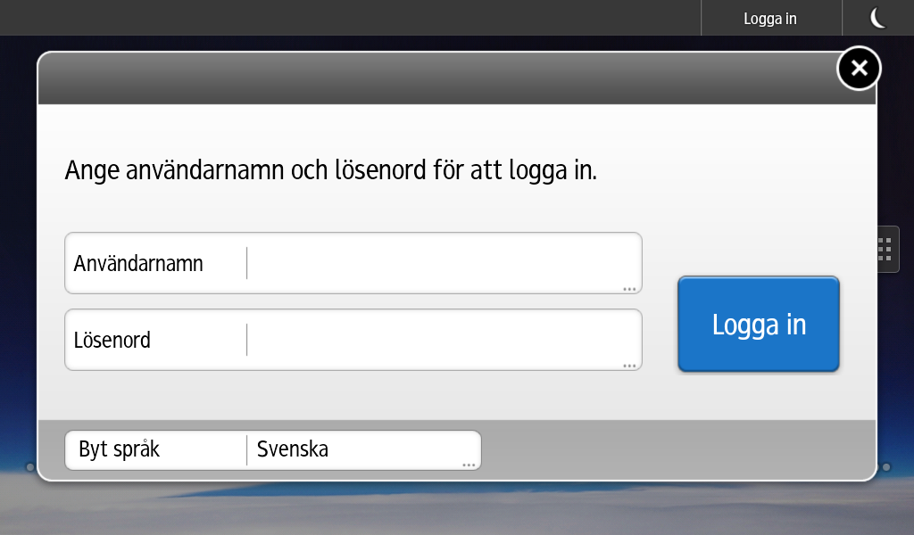 Logga in på maskinen 1. Tryck på [Logga in]. 2. Ange ett Användarnamn och tryck sedan på [OK]. 3. Ange ett Lösenord och tryck sedan på [OK].