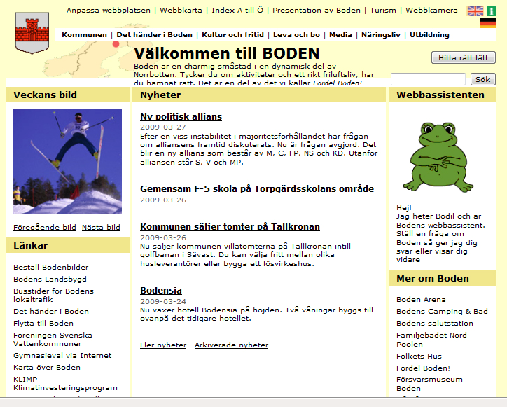 72B5.4. Bodens webbplats Boden kommuns startsida har gul bakgrundsfärg utanför de olika fälten.