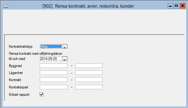 Rensning av reskontra Detta är en funktion som gör det möjligt att t ex radera reskontra för hyresgäster som inte längre är aktuella.