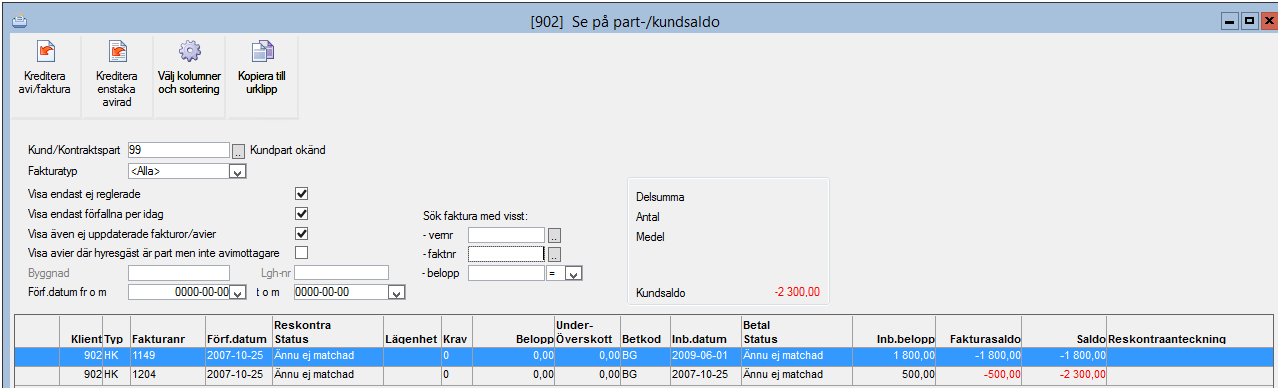 Reskontraposter som lästs in och uppdaterats kan stämmas av under se på part kund saldo eller med hjälp av reskontralistan.