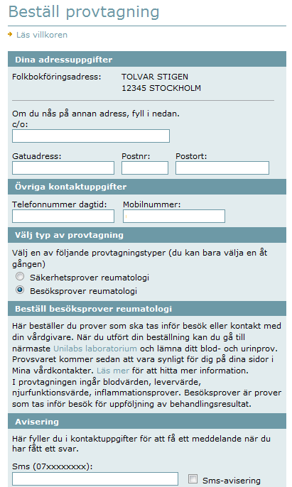 2013-03-08 sid 26 Patienten fyller i formuläret i Mina vårdkontakter väljer provtagningstyper.