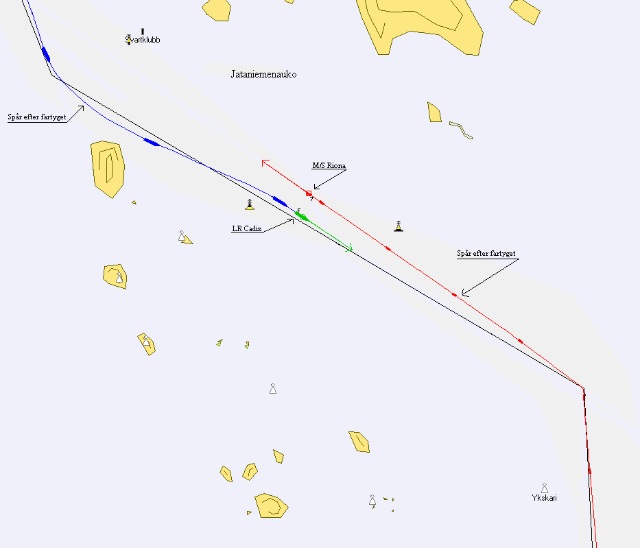 12 Figur 9. Möte med M/S Riona på Jataniemenauko (taget från simulatorn) Tabell 3. Med klockslag och händelser Klockslag Kl. 10:32 Kl. 10:34 Kl. 10:42 Kl.