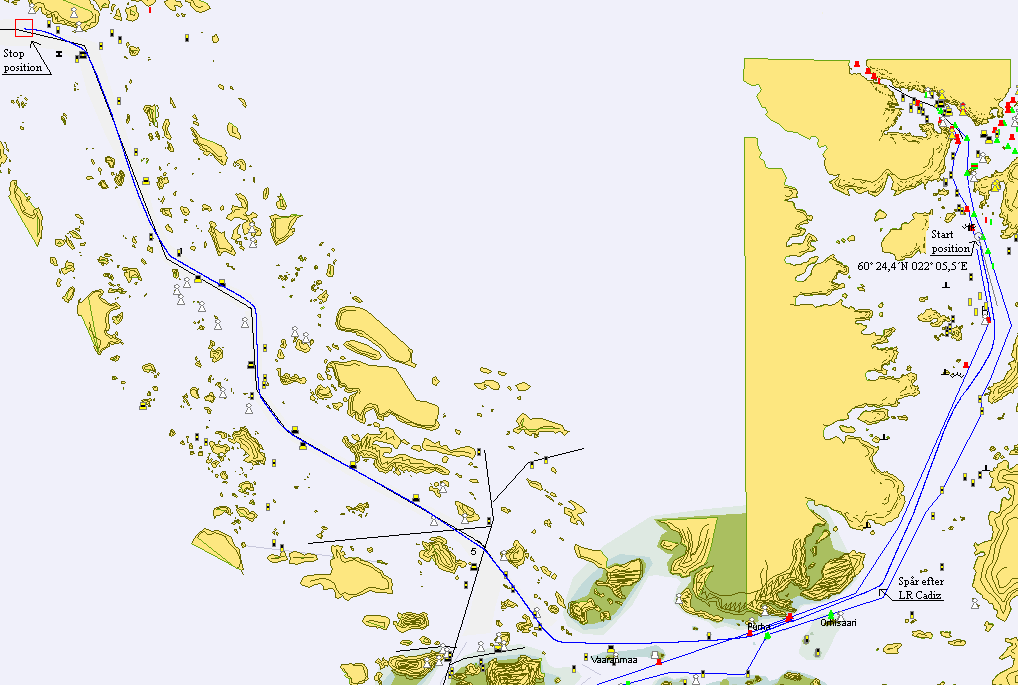 15 4.2 Simulatorkörning 2 (Nådendal Enskär) Simulatorfartyget LR Cadiz befinner sig på positionen 60º 24,4 N 022º 05,5 E då övningen inleds med destination mot Enskär via Rönngrund.