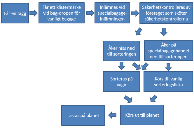 Figur 5.2 Specialbagagets väg genom flygplatsen 5.3 Områden att belysa I detta avsnitt presenteras de områden som under mätningen uppmärksammades lite extra.