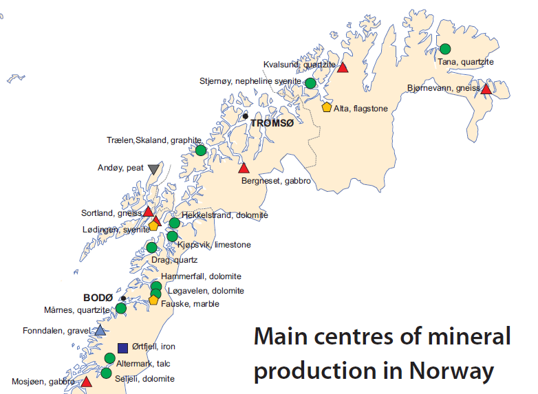 28 sänker transportkostnaderna avsevärt, vilket gör fyndigheterna ekonomiskt attraktiva. En sammanställning av producerande gruvor i Norge visas i figur 4-5. Figur 4-5.