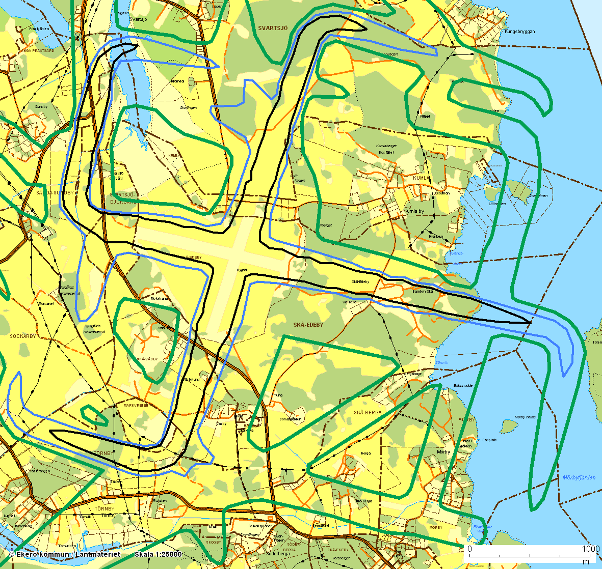 12(17) PLANOMRÅDE Flygbuller från Skå flygfält. Grön linje markerar 70 db(a) maximal ljudnivå.