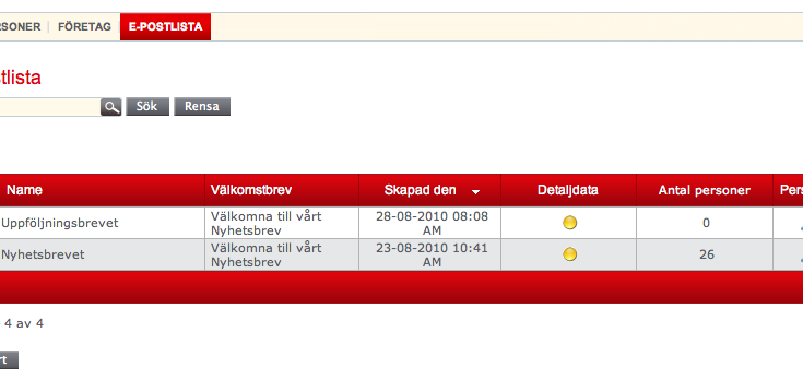 2.3.4 2.3.4 Detaljdata För att välja vilka parametrar en viss e-postlista ska tillåta, börja med att klicka på den gula ikonen i Detaljdata - kolumnen och en ny sida kommer upp.