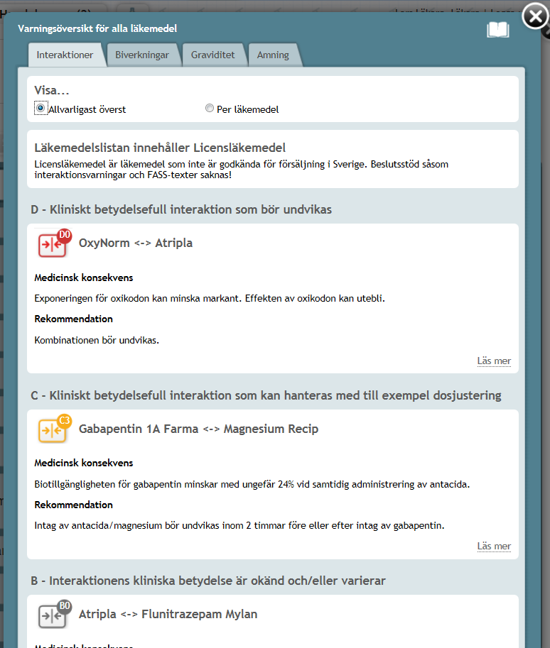 När du klickar på knappen för Interaktion, Sök biverkan, Graviditet eller Amning öppnas Varningsöversikt för alla läkemedel.