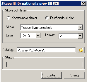 Skapa fil för nationella prov i SCB-modulen Väljer ni att skapa filen i SCB-modulen öppnar ni denna modul. Välj Nationella prov -> Gymnasiet i menyraden.