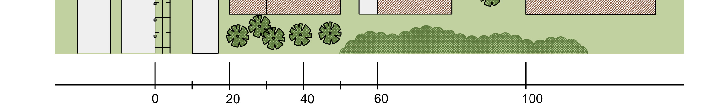 Exempel 3: Reducerat avstånd Väg-Hög Följande exempel visar på ett område där vissa byggnader etableras på kortare avstånd än basavstånd varför skyddsåtgärder ska införas för dessa.