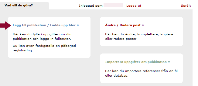 Logga in i DiVA Gå till inloggningssidan>> (https://kth.diva-portal.org/dream/login.jsf ) Logga in med användarnamn och lösenord.