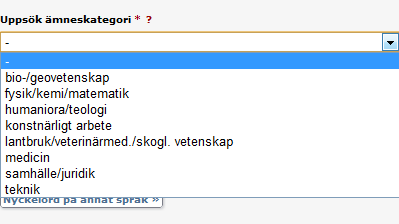 (6) Nationell ämneskategori Klicka på Nationell ämneskategori. Fyll i ämnet antingen i sökrutan eller bläddra via trädstrukturen.