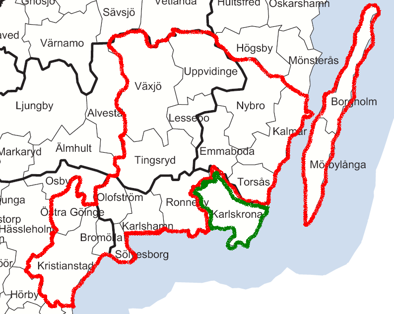 Sydöstra Sverige: Borgholm, Bromölla, Emmaboda, Kalmar, Karlshamn, Karlskrona, Kristianstad, Lessebo,