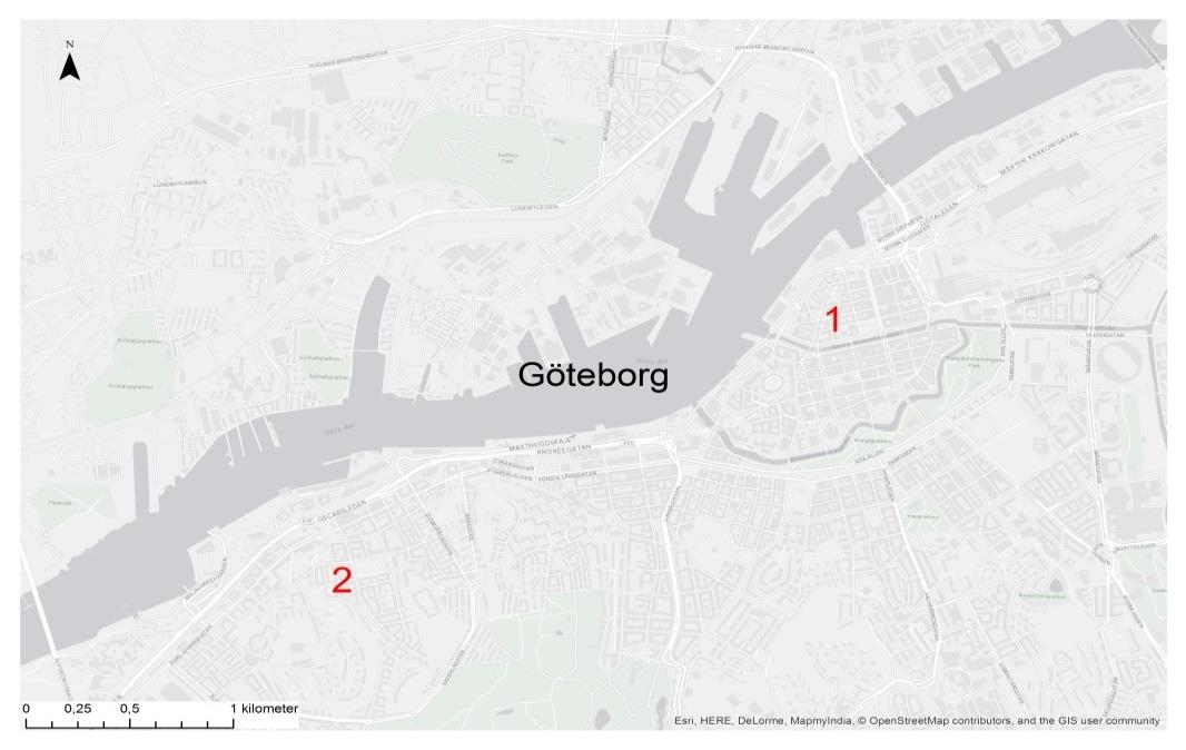 d Figur 3. Studieområdesbeskrivning De båda studieområdena ligger i centrala delar av Göteborgs Stad i landskapet Västra Götaland (se figur 3).