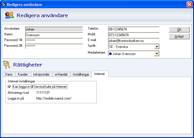 GUIDE TILL DEN MOBILA TJÄNSTEN Konfigurera användare För att logga in i den mobila tjänsten måste användaren vara konfigurerad i Mamut ServiceSuite. 1.
