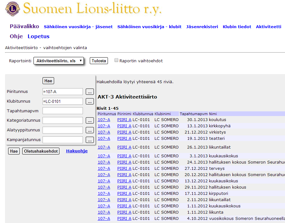 15 6) Genom att klicka på Tulosta ( Skriv ut ) får du rutans resultat i Excel-format 5) Genom att klicka på Hae ( Sök ) syns ifrågavarande klubbs aktiviteter
