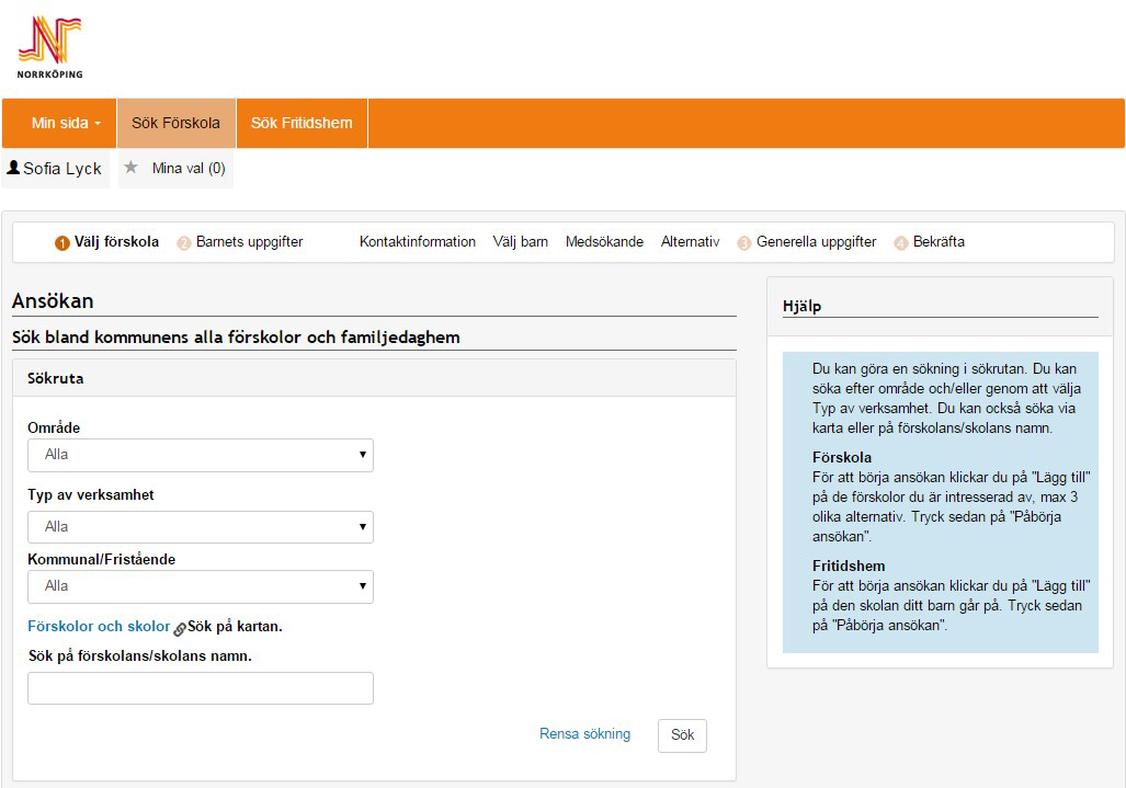 Steg 2 - Sök efter en förskola Sök efter en förskola. Du kan söka på olika sätt. Du kan söka på det område du bor i. Du kan söka på olika verksamheter, till exempel förskola eller familjedaghem.