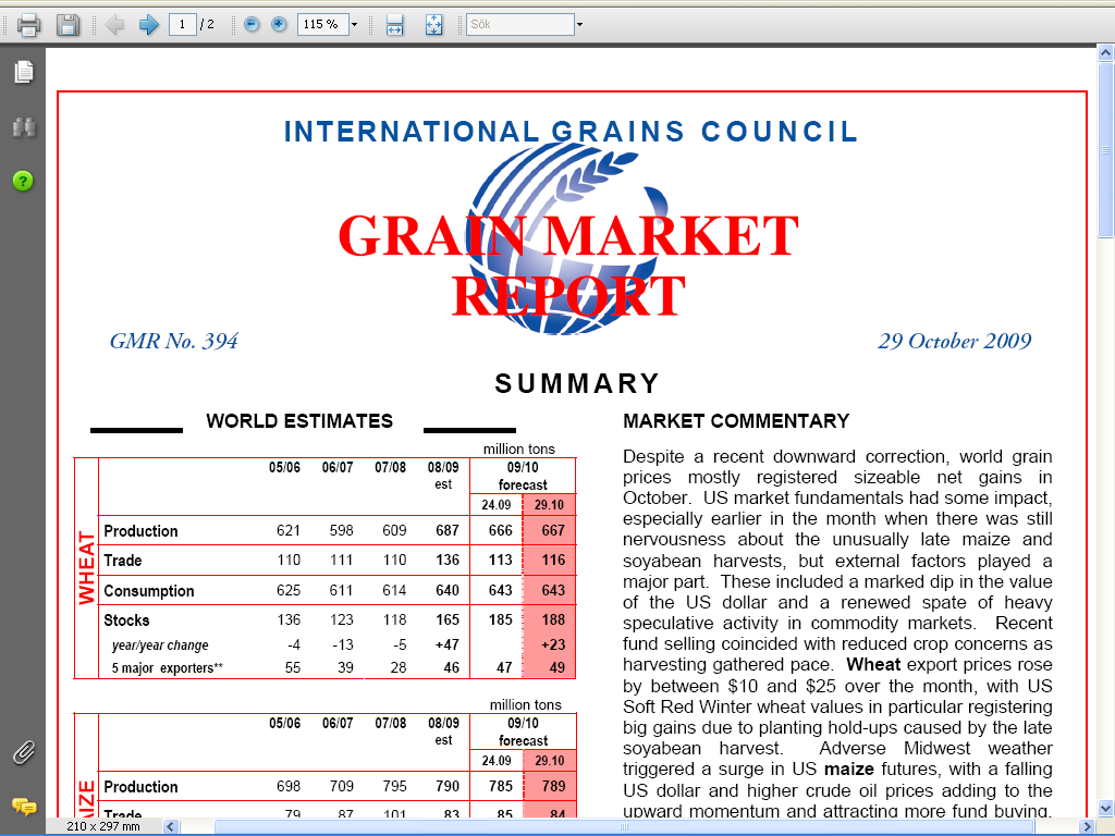 IGC:s totala spannmålsprognos, miljoner ton 05/06 06/07 07/08 08/09 29.10.-09 29.1-09 26.2.-09 26.3.-09 30.4.-09 Produktion 1.607 1.588 1.697 1.788 1.783 1.785 1.