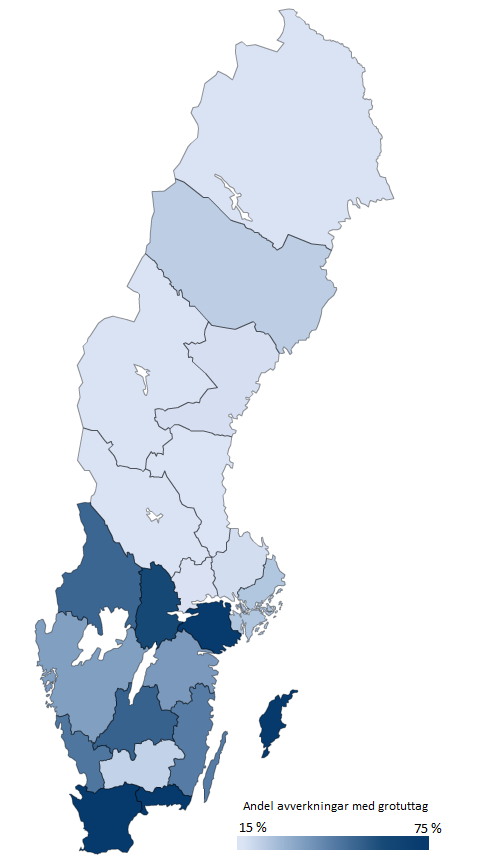 Sida 56 Figur 38 Andel avverkningar med anmält GROT-uttag126 127 De län med lägst GROT-uttag i samband med avverkningar ligger främst i Norrland och Jönköpings län.