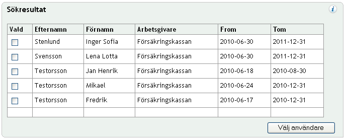 I panelen Sökkriterier söker du efter användare. 2. I fältet Förnamn, Efternamn eller Arbetsgivare skriver du in sökkriteriet för den användare du söker.