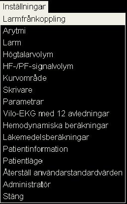 111 8 Inställningar Översikt över menyn Inställningar I menyn Inställningar kan du göra inställningar för visning, larm, patientinformation, patientläge, hemodynamik och läkemedelsberäkning samt