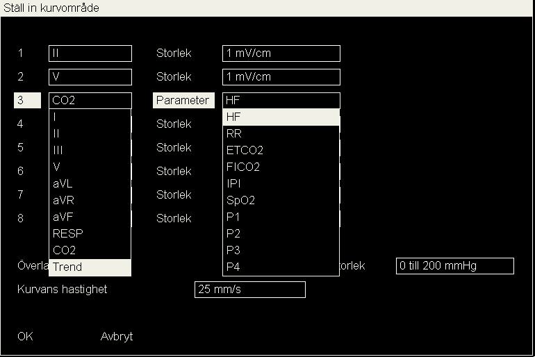 30 Användning Welch Allyn 1500 Patient Monitor Visning av trenddata i mätningsskärmbilden HR-trend kan också visas i kurvor: Tryck på inställningsknappen. Välj Kurvområde.