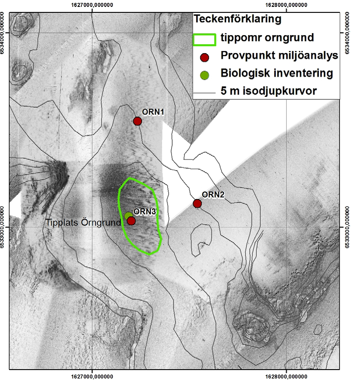 Figur 4.2. Side-scan sonar mosaik (SGU) och bottentopografi från området. Röda prickar markerar provtagningspunkt för sedimentundersökning och grön prick bottenfaunaprovtagning.