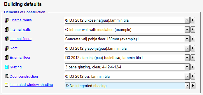 3.1.2 Byggmaterial Genom att gå in i general där efter väljer man default där kan man välja all byggmaterial för ytter och inner väggar, tak och golv.