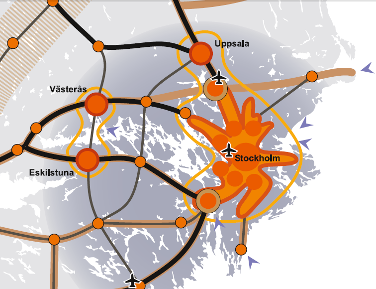 Figur 4 Målbild - Regional godsstruktur. Beskuren bild från RUFS 2010 Vägverket tog 1996 fram en vägutredning för sträckan mellan E18 och E4, Arlandaförbindelsen E18-E4.